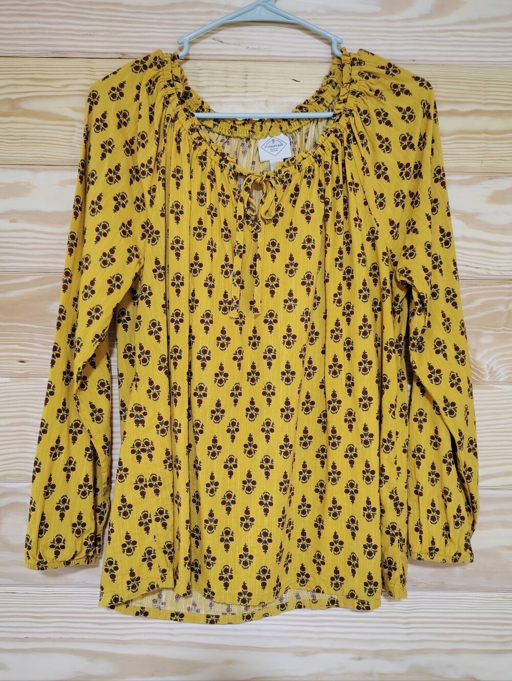 St. John's Bay Mustard Yellow Floral Peasant Top Small Cottage Prairie Relaxed